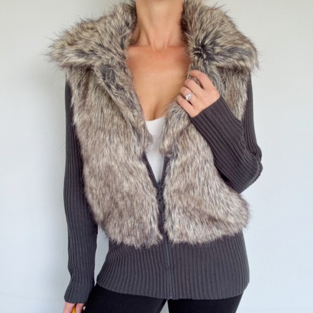 Venue silver black combo faux fur ribbed knit sweater jacket size large